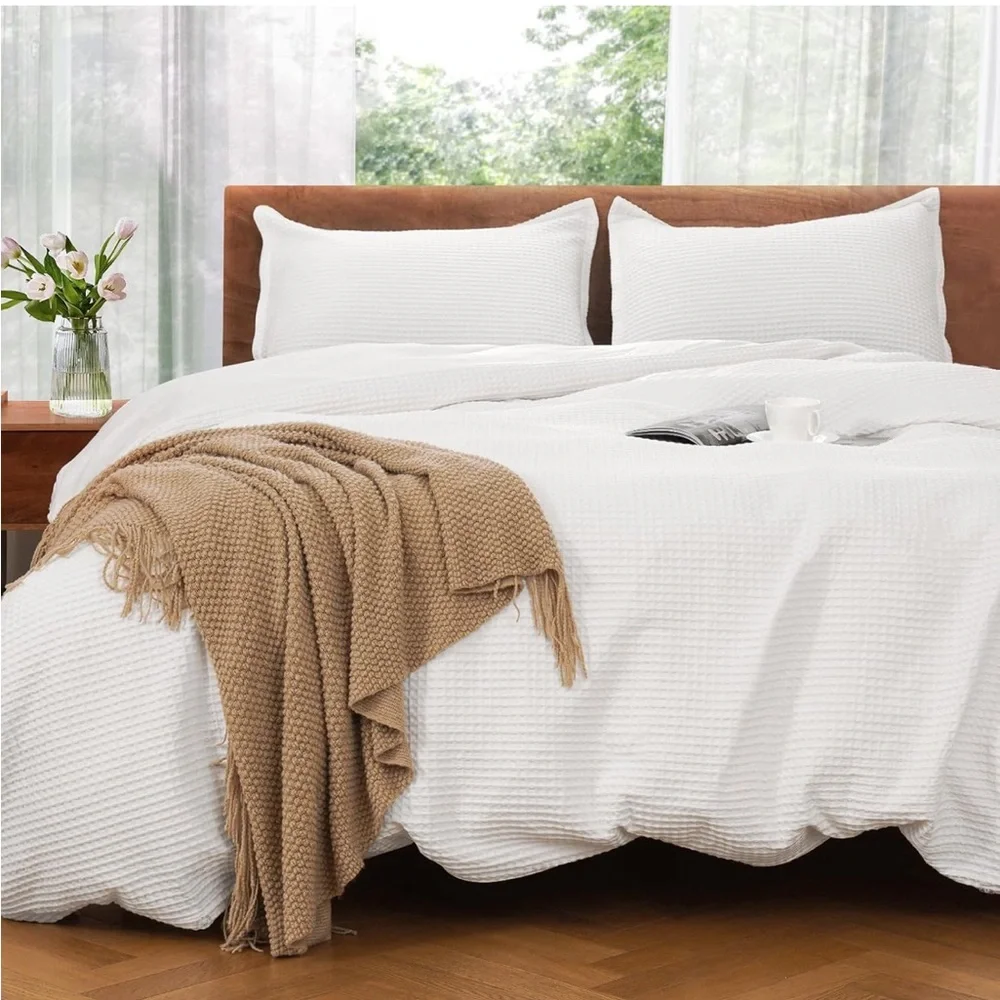 VALUXE Duvet Cover Set Queen 100% Cotton,White Waffle Weave Soft/Breathable 3pc